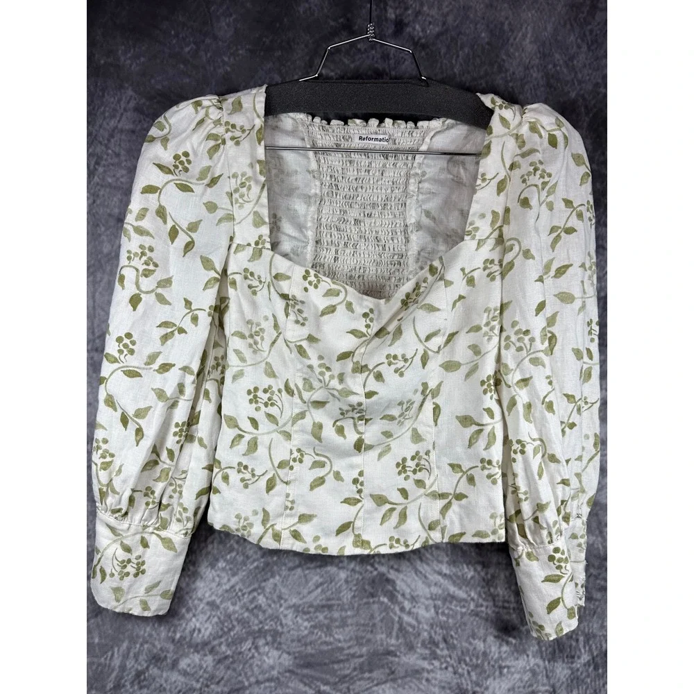 Reformation Pinto Puff Sleeve Top Womens 4 White Green Cypress Floral Linen
